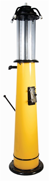 TOKHIEM MODEL #211 TEN GALLON VISIBLE GAS PUMP RESTORED IN YELLOW & BLACK. 