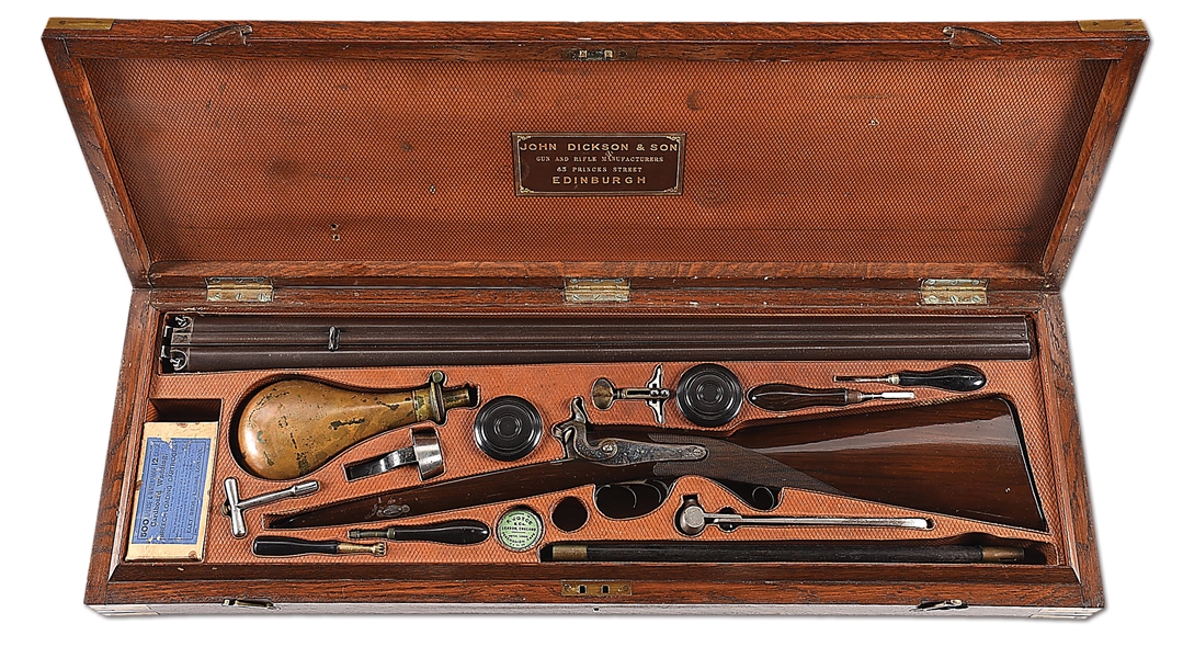 (A) JOHN DICKSON & SON 11 BORE SIDE BY SIDE PERCUSSION RIFLE BUILT FOR FAMED ECCENTRIC CHARLES GORDON.