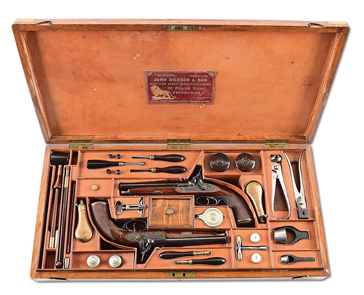 (A) CHARLES GORDONS PAIR OF 16 BORE CASED JOHN DICKSON & SON HOWDAH PISTOLS, IN THE ORIGINAL PIGSKIN CASE, AND PHOTOGRAPHED IN "CHARLES GORDON: MAGNIFICENT MADNESS" BY DALLAS.