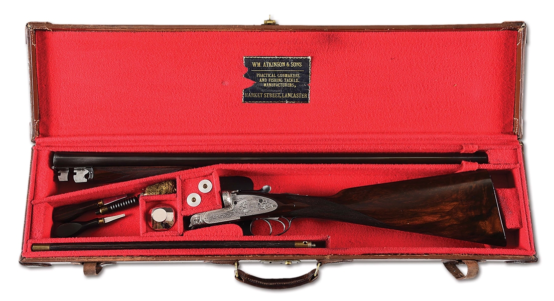 (C) W. ATKINSON 12 GAUGE SLE SIDE BY SIDE SHOTGUN WITH CASE.