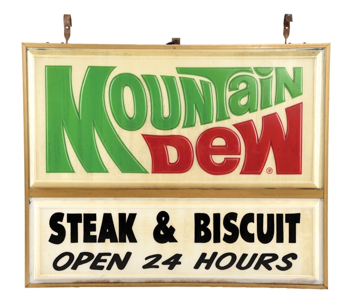 MOUNTAIN DEW STEAK & BISCUIT LIGHTED PLASTIC LEXAN SIGN W/ HANGERS.