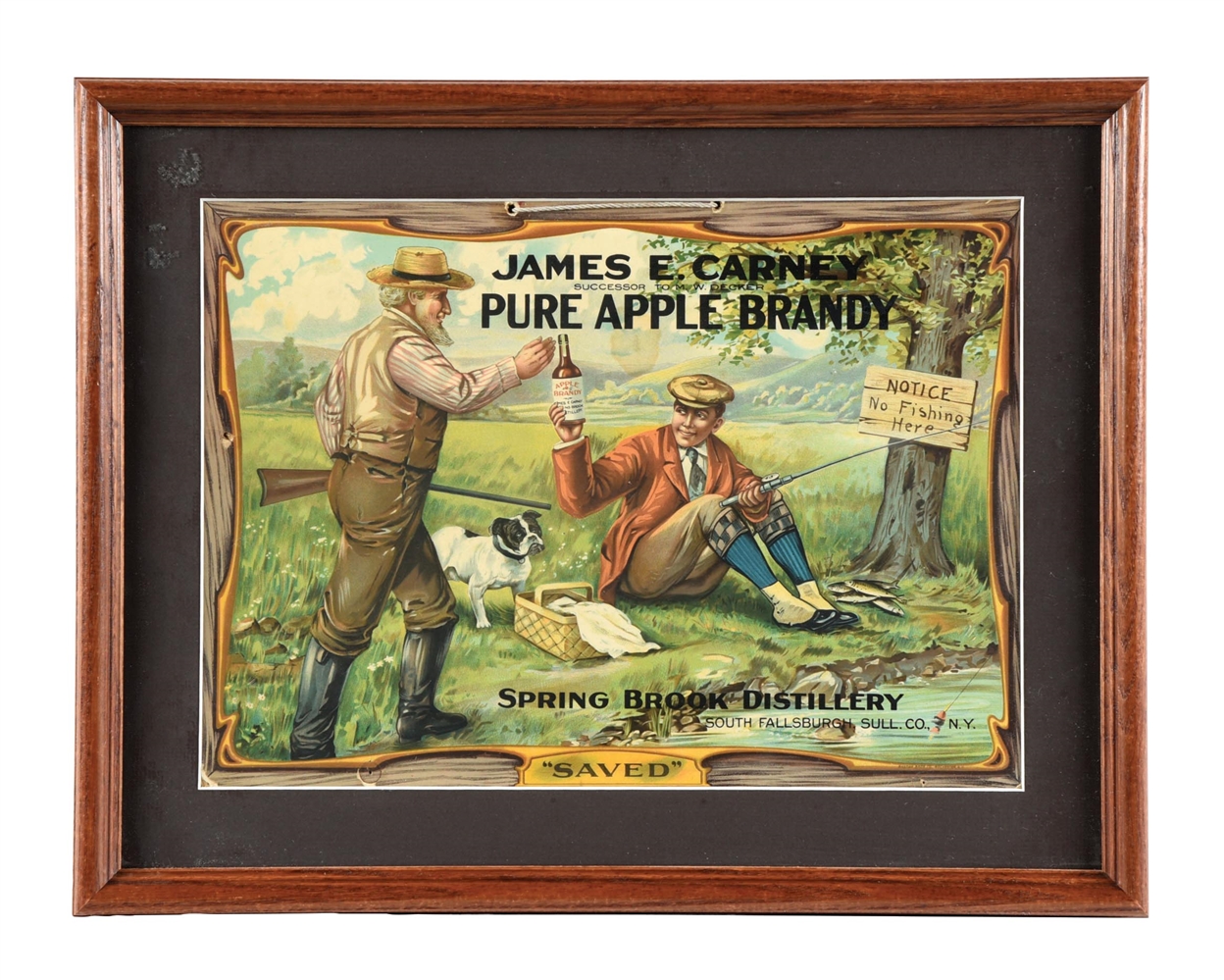 JAMES E. CARNEY PURE APPLE BRANDY CELLULOID OVER CARDBOARD SIGN W/ HUNTING & FISHING GRAPHIC