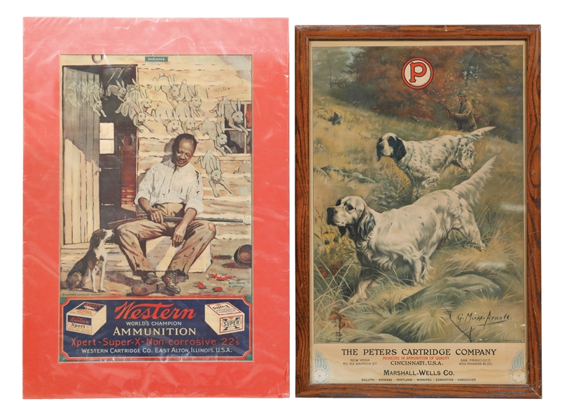 COLLECTION OF 2 HUNTING-RELATED PAPER LITHOGRAPHS W/ HUNTING GRAPHICS
