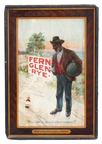 FERN GLEN RYE WHISKEY SELF-FRAMED TIN LITHOGRAPH W/ BLACK AMERICANA GRAPHIC