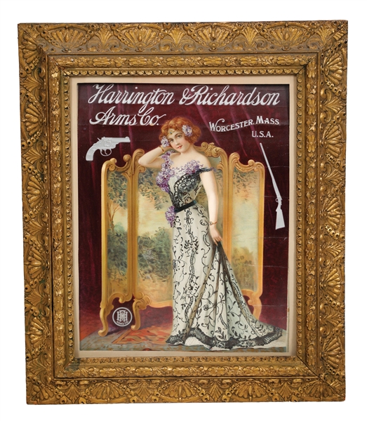 "HARINGTON RICHARDSON ARMS CO." EMBOSSED CARDSTOCK LITHOGRAPH W/ BEAUTIFUL WOMAN GRAPHIC