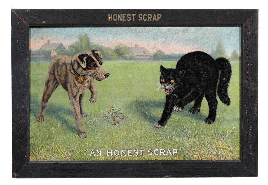 HONEST SCRAP CANVAS PAINTING W/ CAT & DOG GRAPHIC