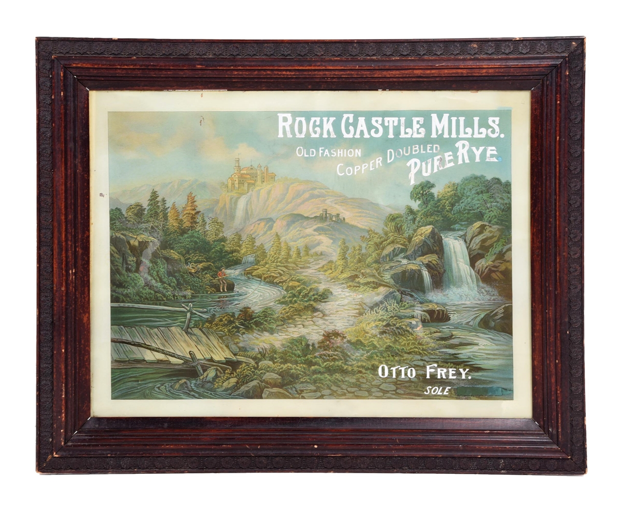 ROCK CASTLE MILLS PURE RYE REVERSE PAINTED GLASS SIGN W/ FLY FISHING GRAPHIC