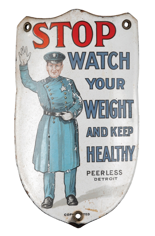 "STOP WATCH YOUR WEIGHT" PORCELAIN SCALE SIGN W/ CROSSING GUARD GRAPHIC