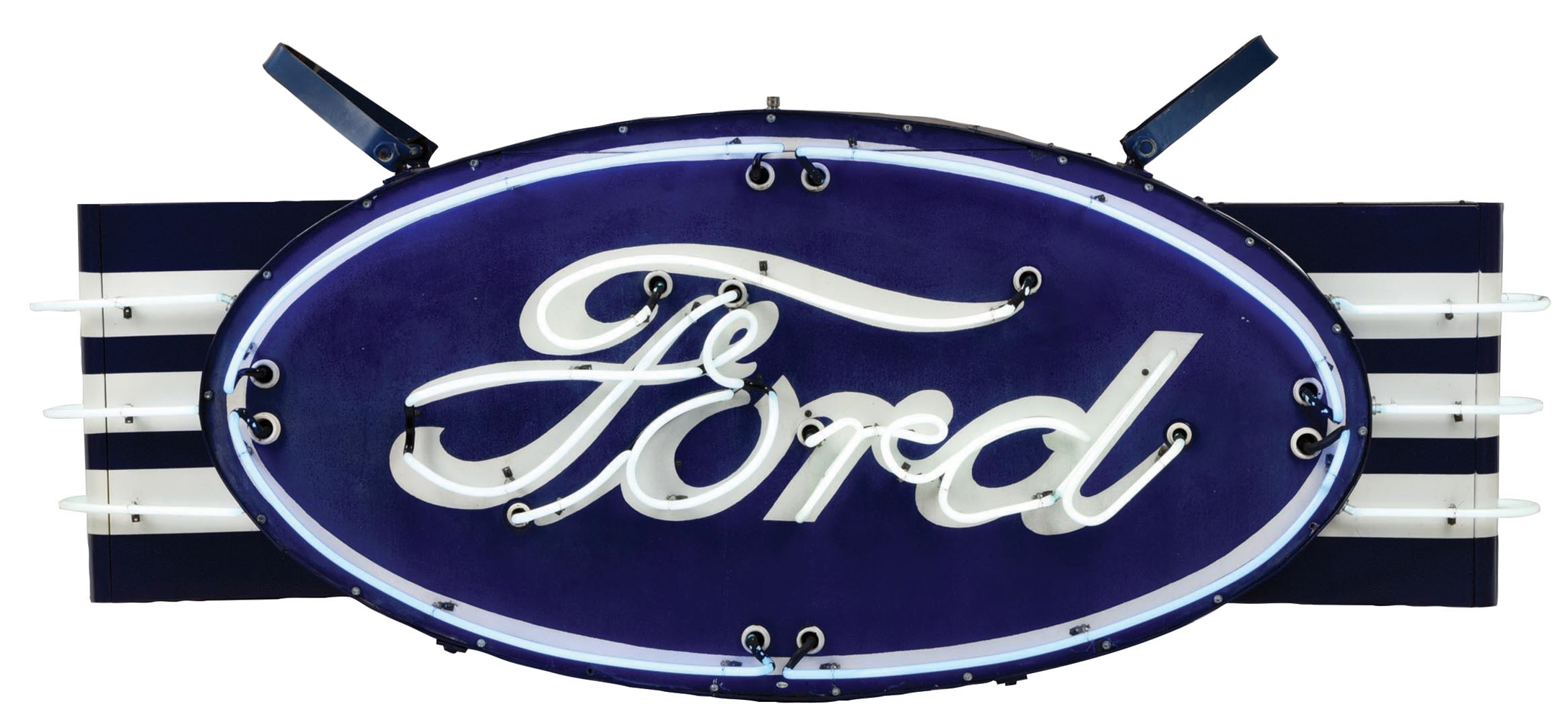 FORD AUTOMOBILES COMPLETE PORCELAIN NEON SIGN W/ WING & BULLNOSE ATTACHMENTS. 
