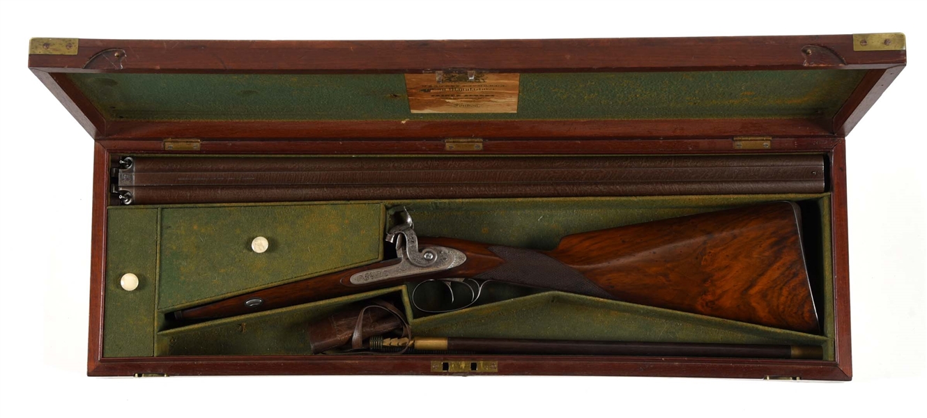 (A) WESTLEY RICHARDS 12 BORE SIDE BY SIDE PERCUSSION SHOTGUN IN CASE.