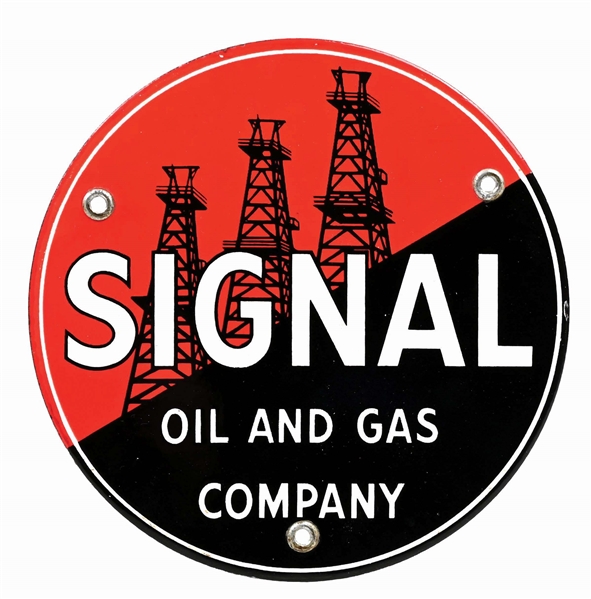 SIGNAL OIL & GAS COMPANY PORCELAIN SIGN W/ OIL DERRICK GRAPHIC. 