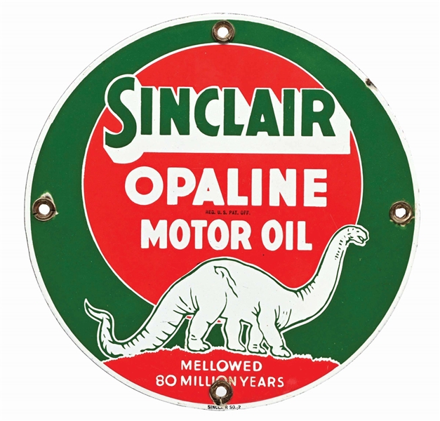 SINCLAIR OPALINE MOTOR OIL PORCELAIN SIGN W/ WHITE DINO GRAPHIC. 