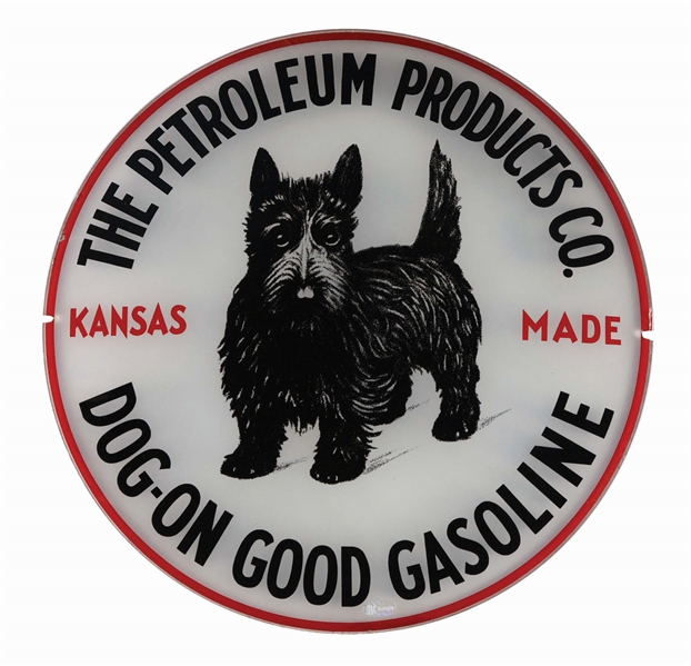 THE PETROLEUM PRODUCTS CO. DOG-ON GOOD GASOLINE 13.5" SINGLE GLOBE LENS.