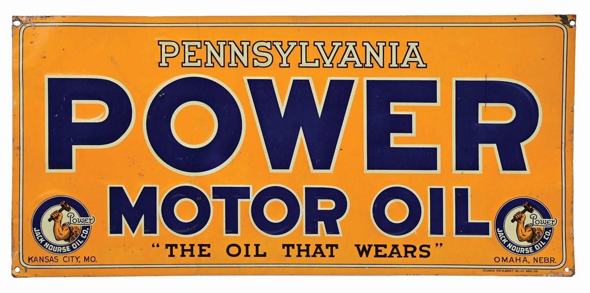 JACK NOURSE POWER MOTOR OIL "THE OIL THAT WEARS" EMBOSSED TIN SIGN. 