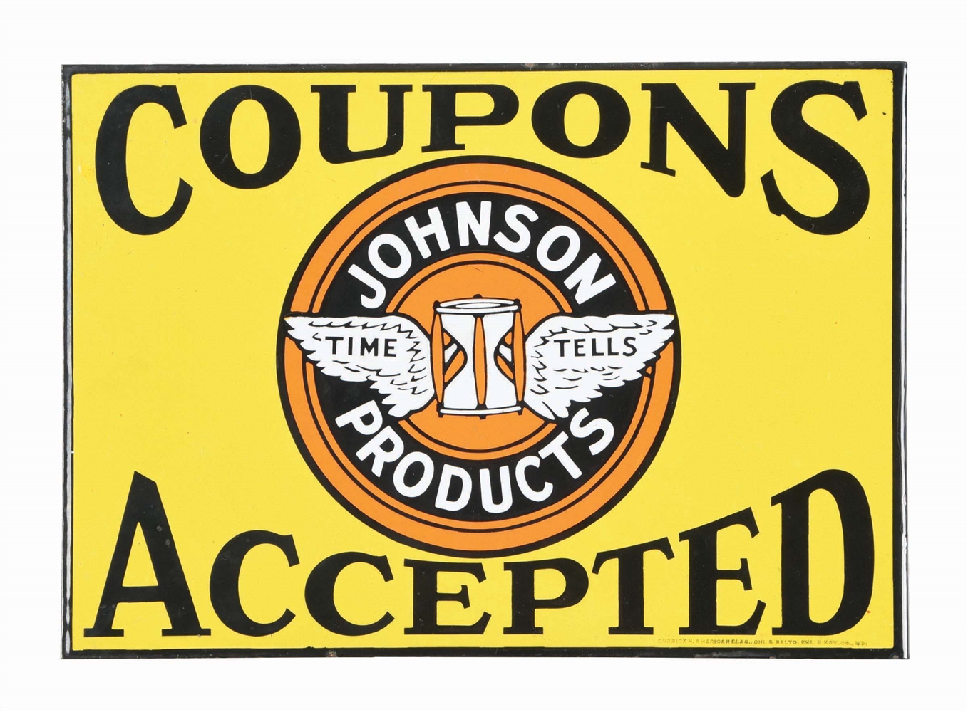 N.O.S. JOHNSON PRODUCTS "COUPONS ACCEPTED" PORCELAIN SERVICE STATION FLANGE SIGN. 