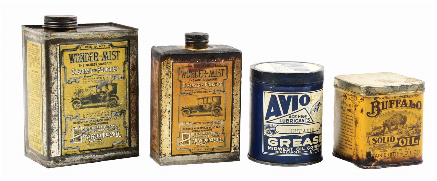 COLLECTION OF 4: POLISH, OIL & GREASE CANS FROM ACE HIGH, BUFFALO & WONDER MIST. 