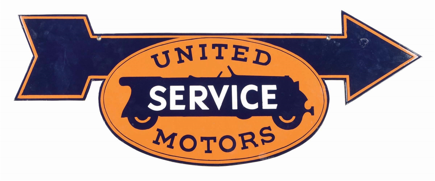 OUTSTANDING UNITED MOTORS SERVICE PORCELAIN ARROW SIGN W/ CAR GRAPHIC. 