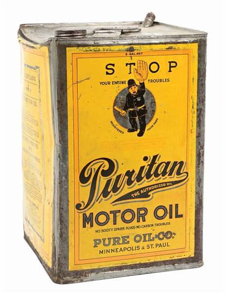 PURITAN MOTOR OIL FIVE GALLON CAN W/ POLICE OFFICER GRAPHIC. 
