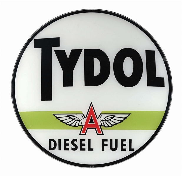 TYDOL DIESEL FUEL SINGLE 13.25" GLOBE LENS W/ WINGED "A" GRAPHIC AGS 97.  