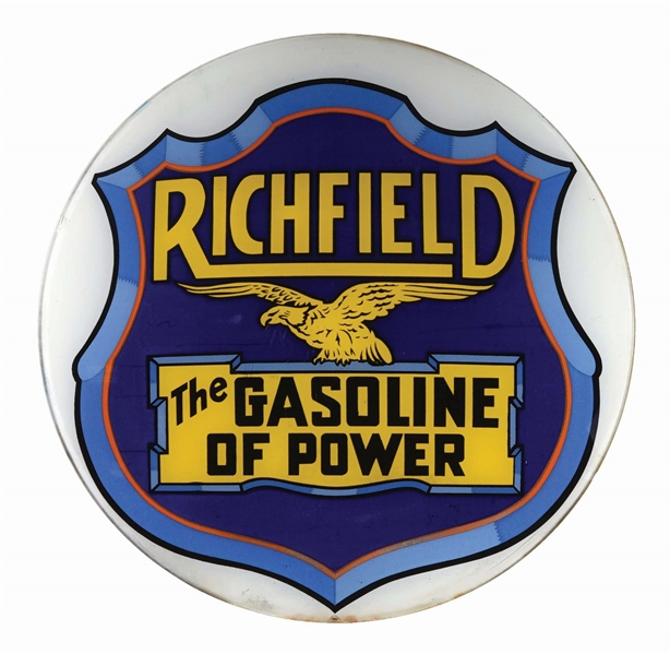 RICHFIELD "THE GASOLINE OF POWER" 15" SINGLE GLOBE LENS W/ EARLY SHIELD & EAGLE GRAPHIC. 