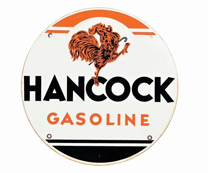 HANCOCK GASOLINE PORCELAIN PUMP PLATE SIGN W/ FULL FEATHERED ROOSTER GRAPHIC. 