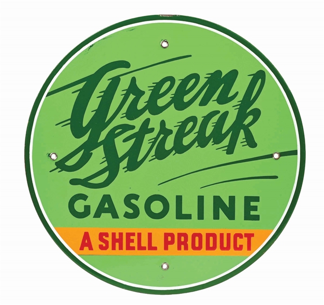 SHELL GREEN STREAK GASOLINE PORCELAIN PUMP PLATE SIGN. 