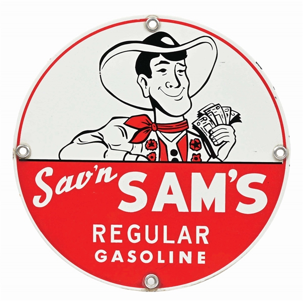 SAVN SAMS REGULAR GASOLINE PORCELAIN PUMP PLATE SIGN W/ COWBOY GRAPHIC. 