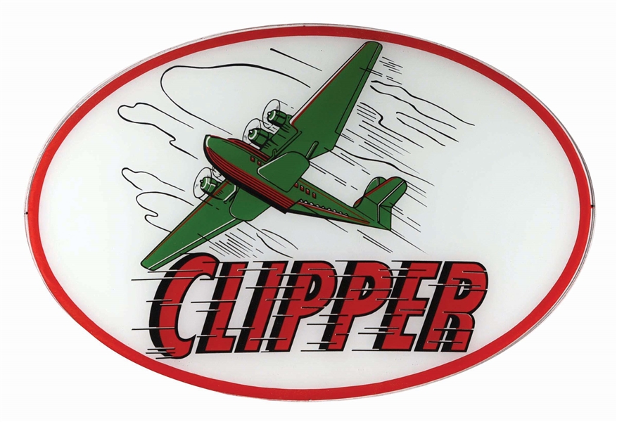 CLIPPER GASOLINE SINGLE OVAL GLOBE LENS W/ AIRPLANE GRAPHIC AGS 97. 