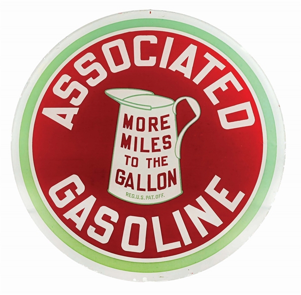 ASSOCIATED "MORE MILES TO THE GALLON" GASOLINE 15" SINGLE GLOBE LENS W/ CAN GRAPHIC AGS 91. 