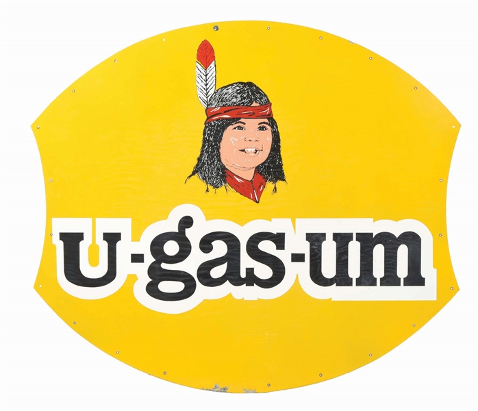 U-GAS-UM PORCELAIN SIGN W/ NATIVE AMERICAN GRAPHIC.