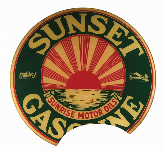 SUNSET GASOLINE 15" SINGLE GLOBE LENS W/ SHIPPING CRATE DISPLAY. 