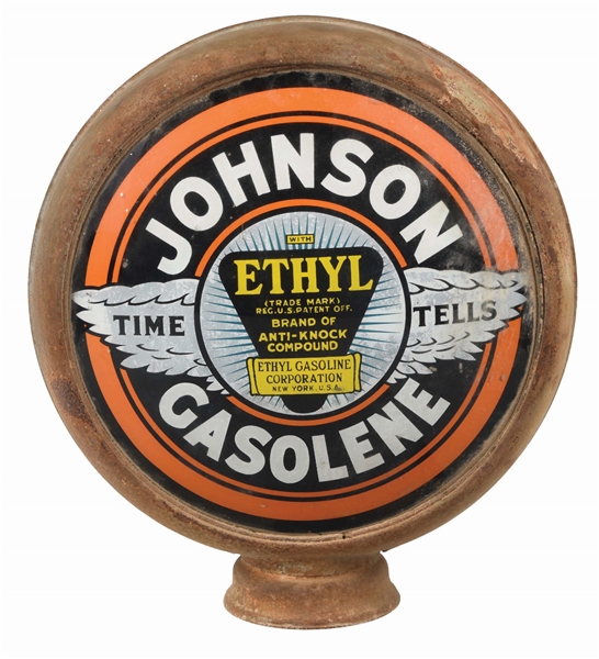 JOHNSON "TIME TELLS" GASOLINE 15" GLOBE ON ORIGINAL HIGH PROFILE METAL BODY. 
