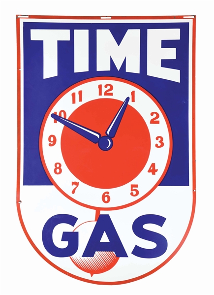 TIME GASOLINE PORCELAIN SERVICE STATION SIGN W/ CLOCK FACE GRAPHIC.