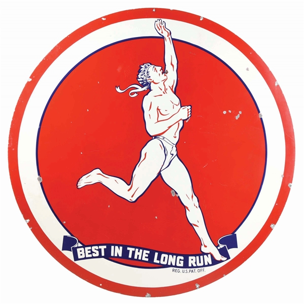 MARATHON "BEST IN THE LONG RUN" PORCELAIN SIGN.