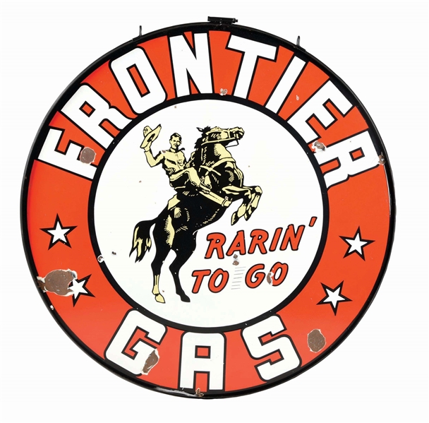 FRONTIER GAS "RARIN TO GO" PORCELAIN SIGN W/ METAL RING.