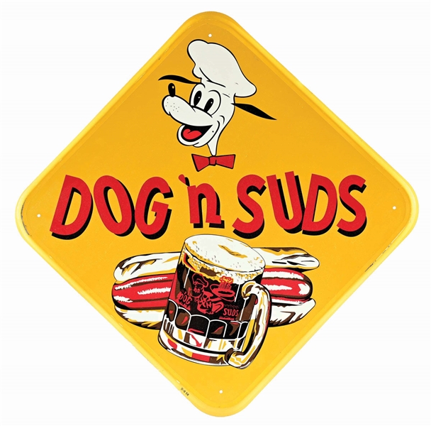 DOG N SUDS TIN SIGN W/ HOT DOG & ROOT BEER GRAPHIC. 
