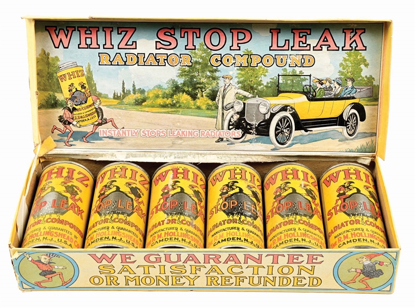 RARE WHIZ STOP LEAK RADIATOR COMPOUND STORE DISPLAY BOX W/ SIX ORIGINAL CANS. 