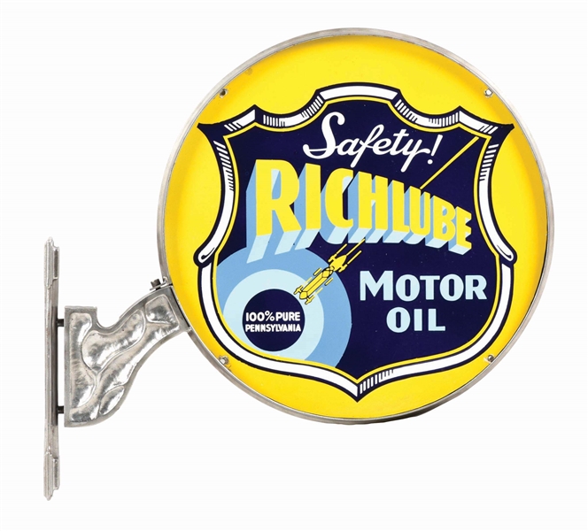 RICHLUBE MOTOR OIL PORCELAIN SIGN W/ RACE CAR GRAPHIC MOUNTED ON IRON FRAME AGS. 