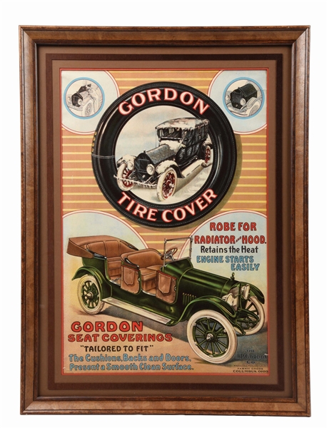 CORDON TIRE COVER FRAMED CARD STOCK ADVERTISEMENT W/ CAR GRAPHIC. 