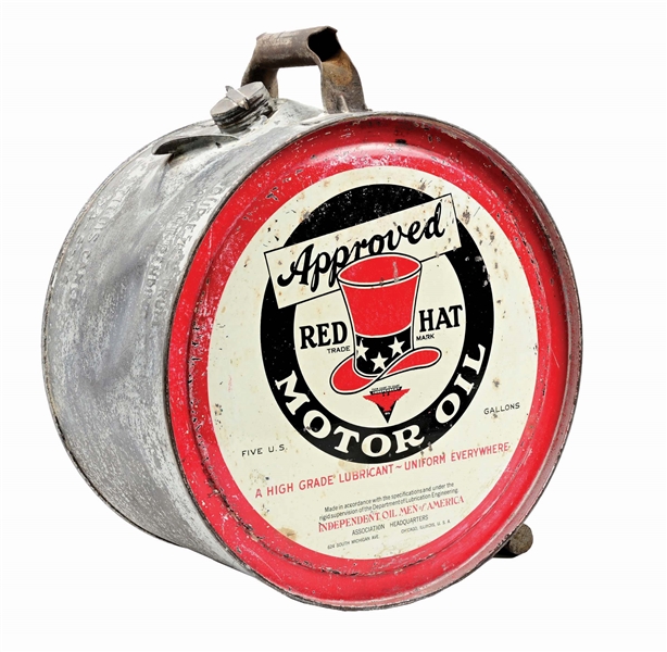 RED HAT APPROVED MOTOR OIL FIVE GALLON ROCKER CAN. 