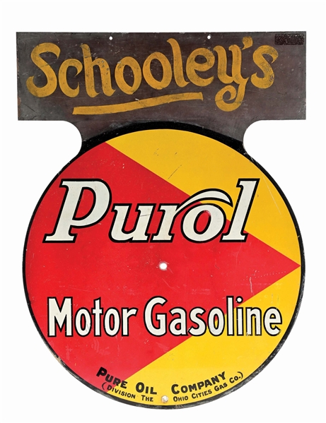 PUROL GASOLINE & TIOLENE MOTOR OILS TIN SERVICE STATION SIGN.