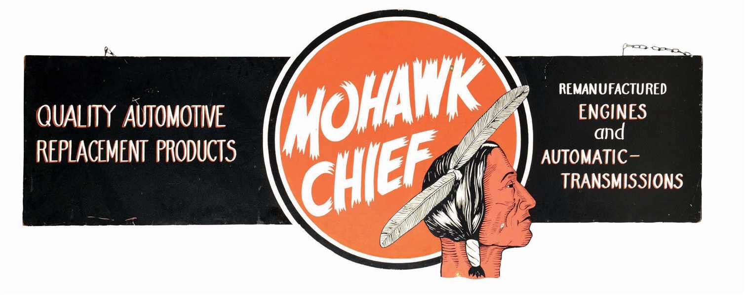 MOHAWK CHIEF GARAGE MASONITE SIGN W/ NATIVE AMERICAN GRAPHIC. 