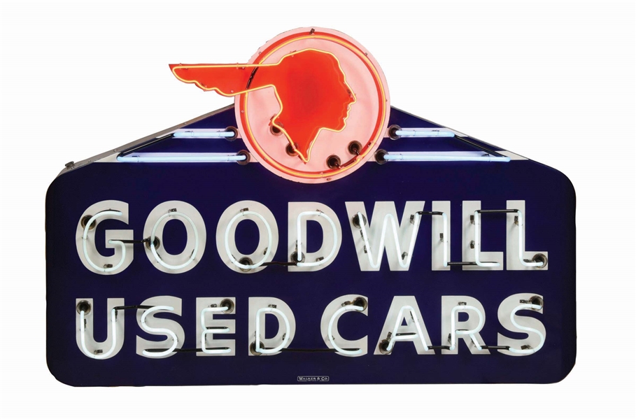 PONTIAC GOODWILL USED CARS PORCELAIN NEON SIGN W/ FULL FEATHER NATIVE AMERICAN GRAPHIC. 