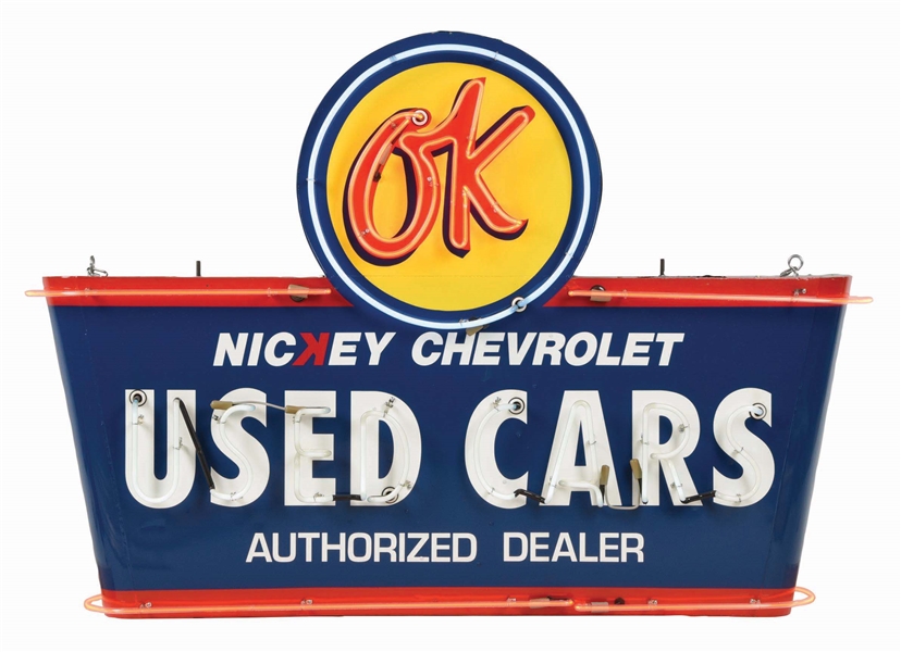 NICKEY CHEVROLET OK USED CARS TIN NEON SIGN.