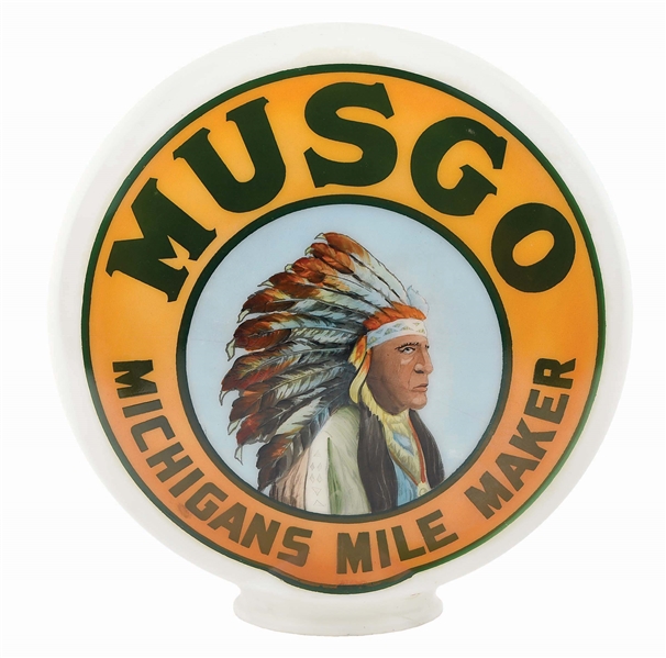 MUSGO GASOLINE "MICHIGANS MILE MAKER" ONE PIECE BAKED GLOBE W/ NATIVE AMERICAN GRAPHIC AGS 90.  