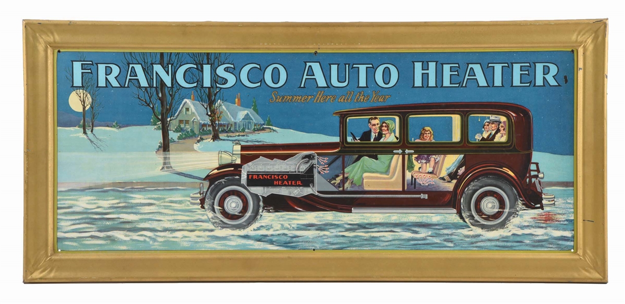 FRANCISCO AUTO HEATER TIN SIGN W/ EMBOSSED OUTER EDGE.