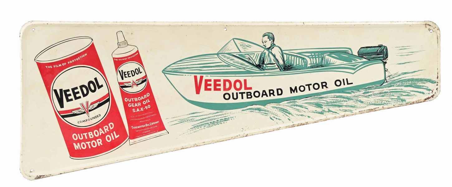 VEEDOL OUTBOARD MOTOR OIL TIN SIGN W/ CAN & BOAT GRAPHIC. 