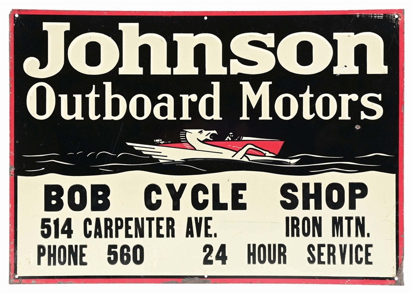 JOHNSON OUTBOARD MOTORS EMBOSSED TIN SIGN W/ BOAT GRAPHIC. 