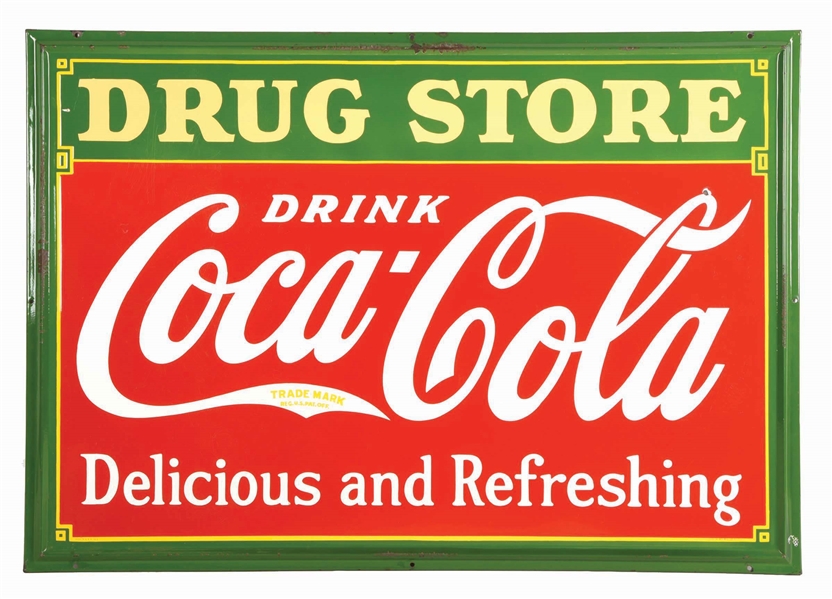 DRINK COCA-COLA DRUG STORE SELF-FRAMED PORCELAIN SIGN.