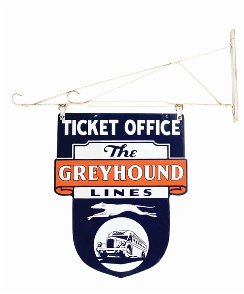 GREYHOUND LINES TICKET OFFICE PORCELAIN SIGN W/ HANGER.